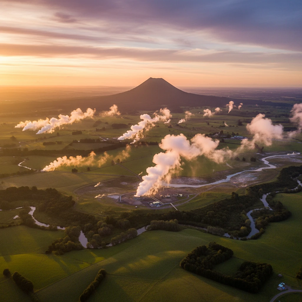 Aerial view of Kawerau geothermal field with Mount Putauaki