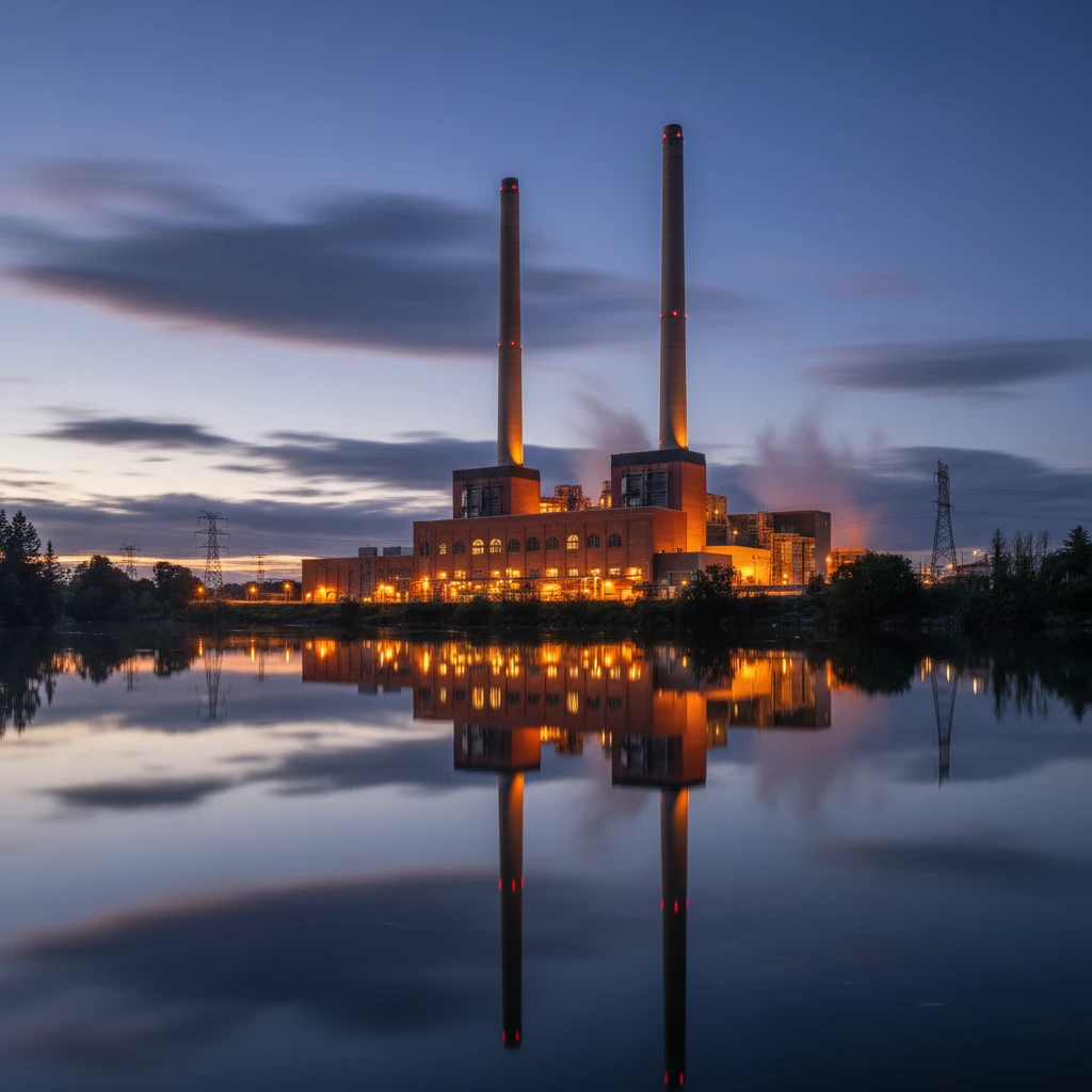 Huntly Power Station reflecting in the Waikato River at dusk
