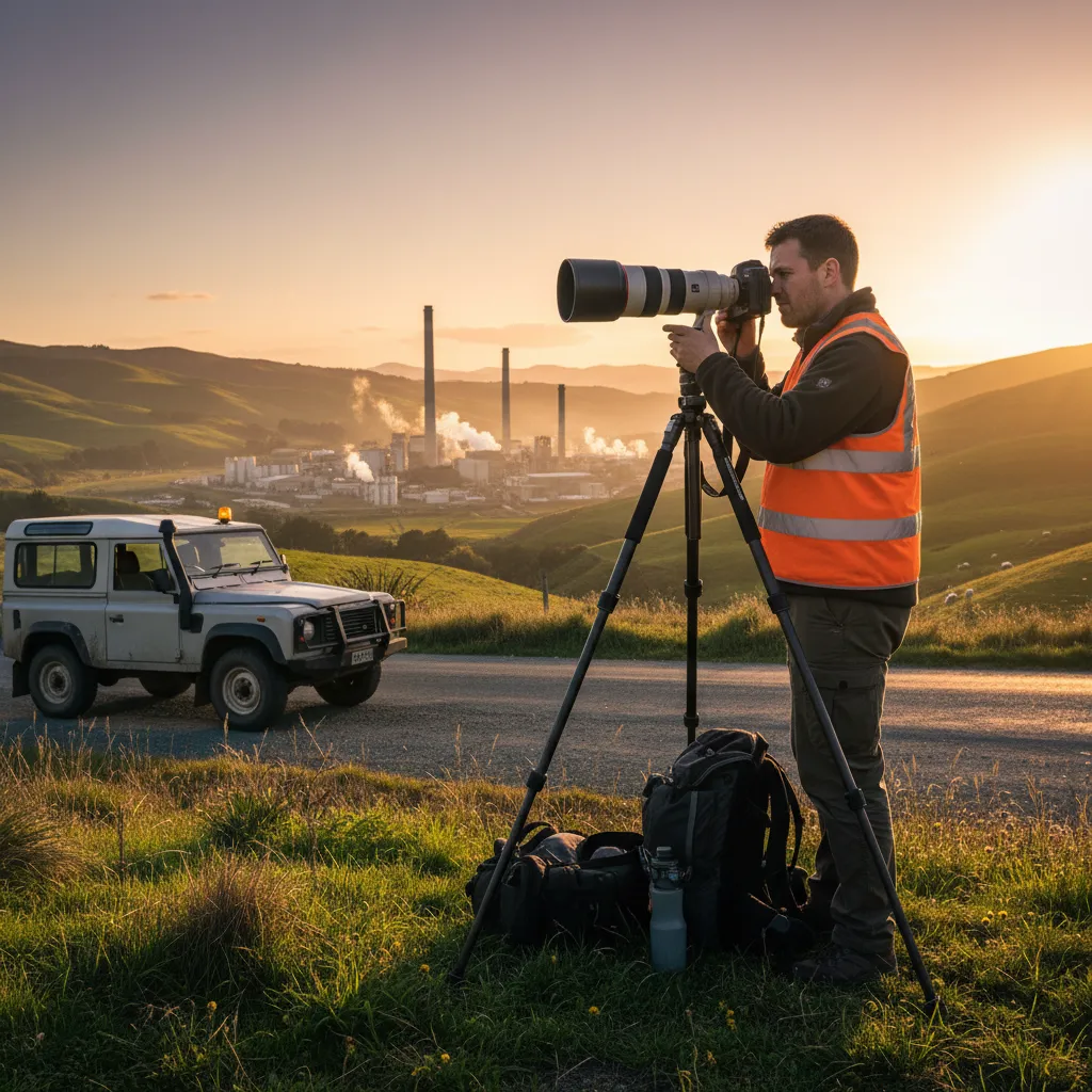 Photographer with telephoto lens and safety gear near industrial site