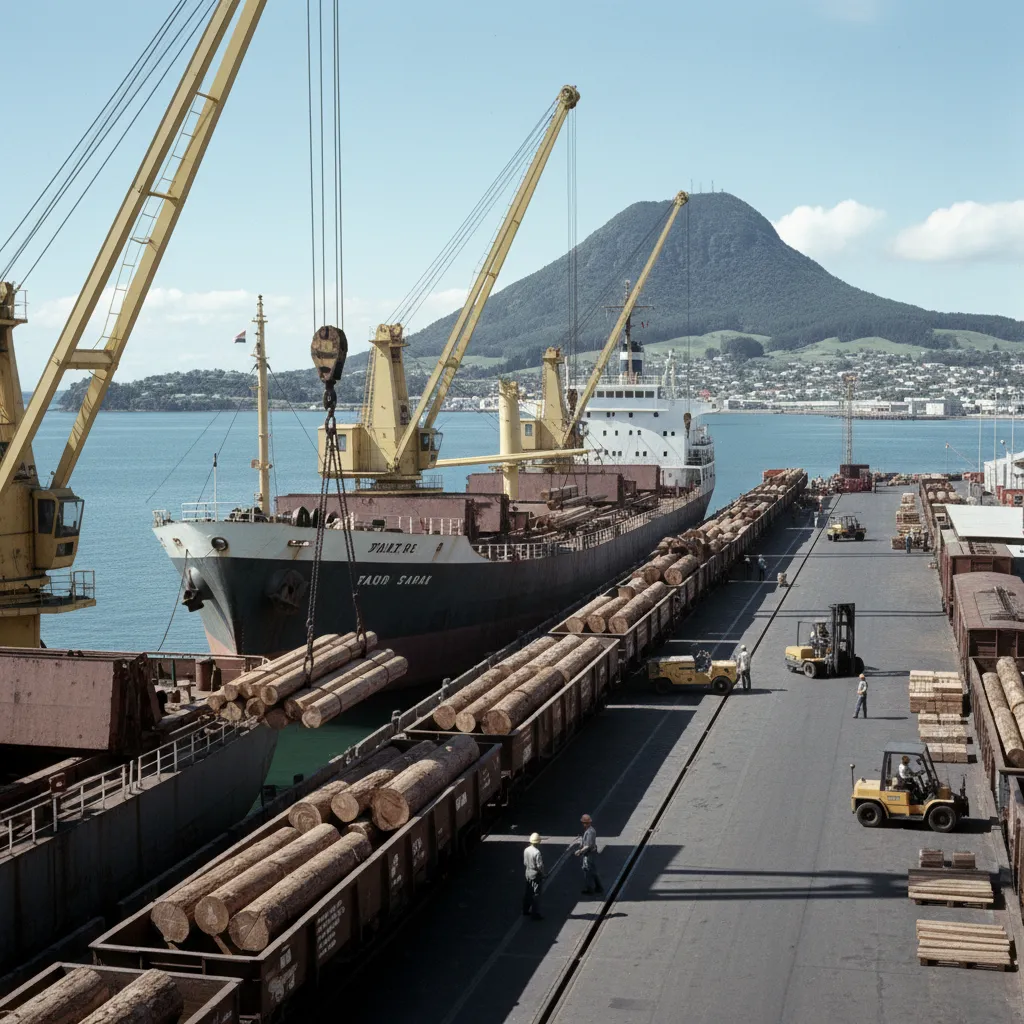 Historic log trains unloading at Mt Maunganui Port
