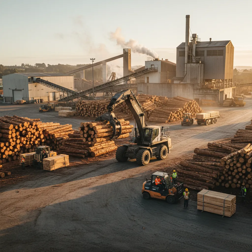 Heavy machinery moving logs in a Kawerau forestry processing yard