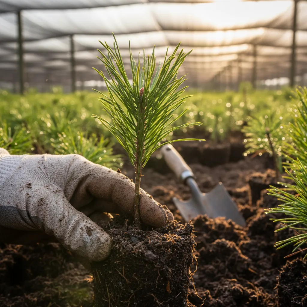 Forestry worker inspecting pine saplings in a nursery