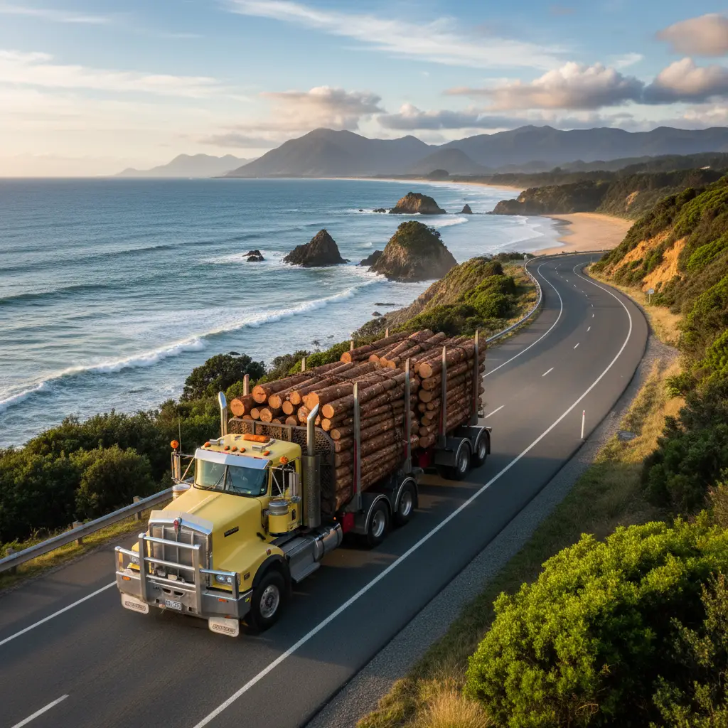 Logging truck transporting timber on Bay of Plenty coastal highway