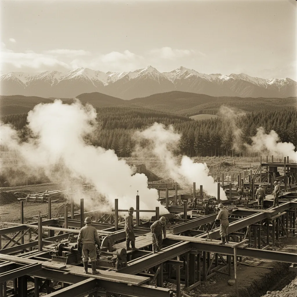 Historical depiction of the construction of the Tasman Pulp and Paper Mill