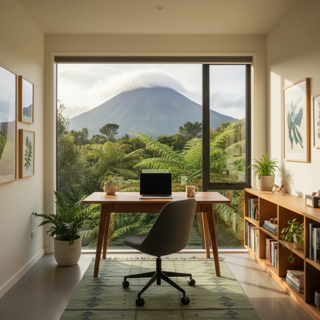 Remote work setup with view of Mount Putauaki in Kawerau