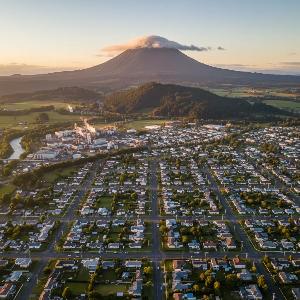 Aerial view of Kawerau residential areas with Mount Putauaki background