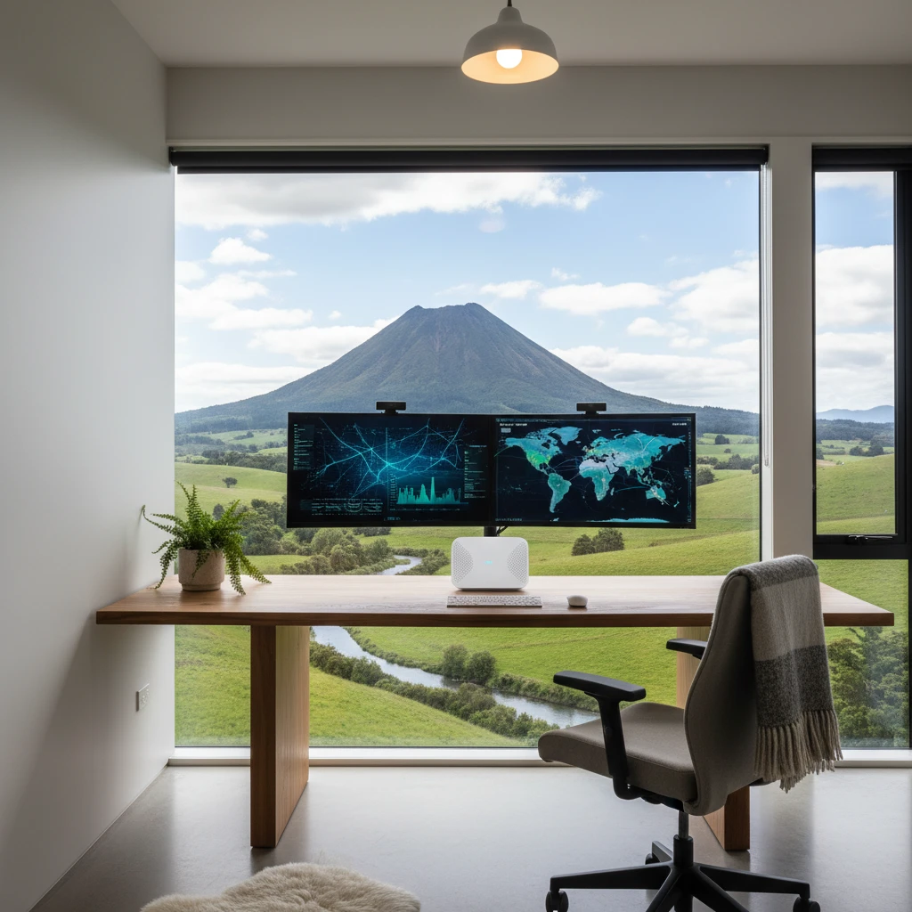 Modern remote work setup in Kawerau featuring high-speed fibre internet equipment