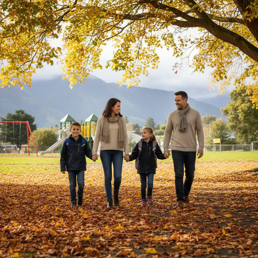 Family walking to school in Kawerau