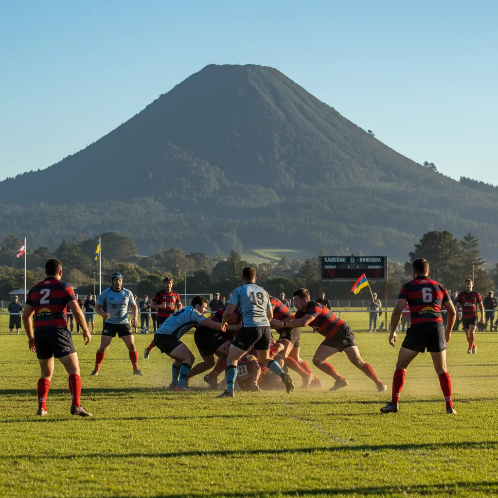 Rugby players competing at a sports club in Kawerau with Mount Putauaki in background