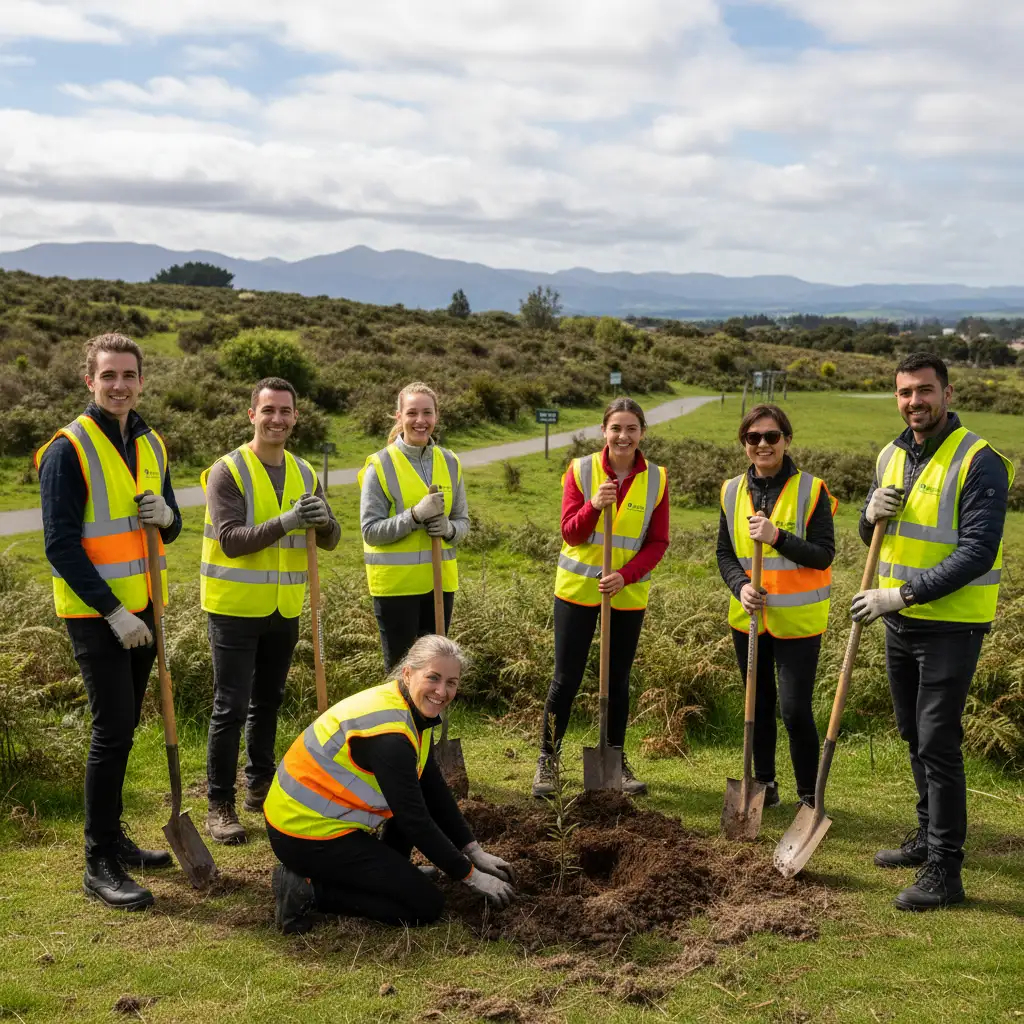 Volunteers from a Kawerau service club planting trees