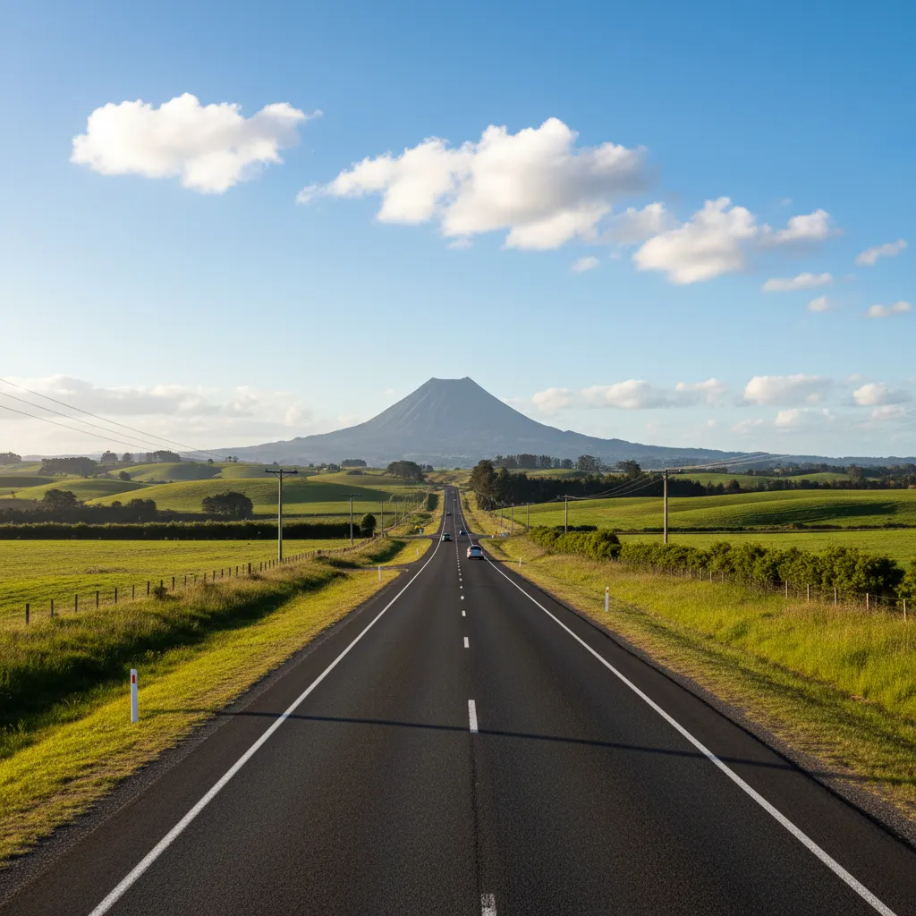 Scenic view of the driving route distance Kawerau to Whakatane featuring Mt Putauaki