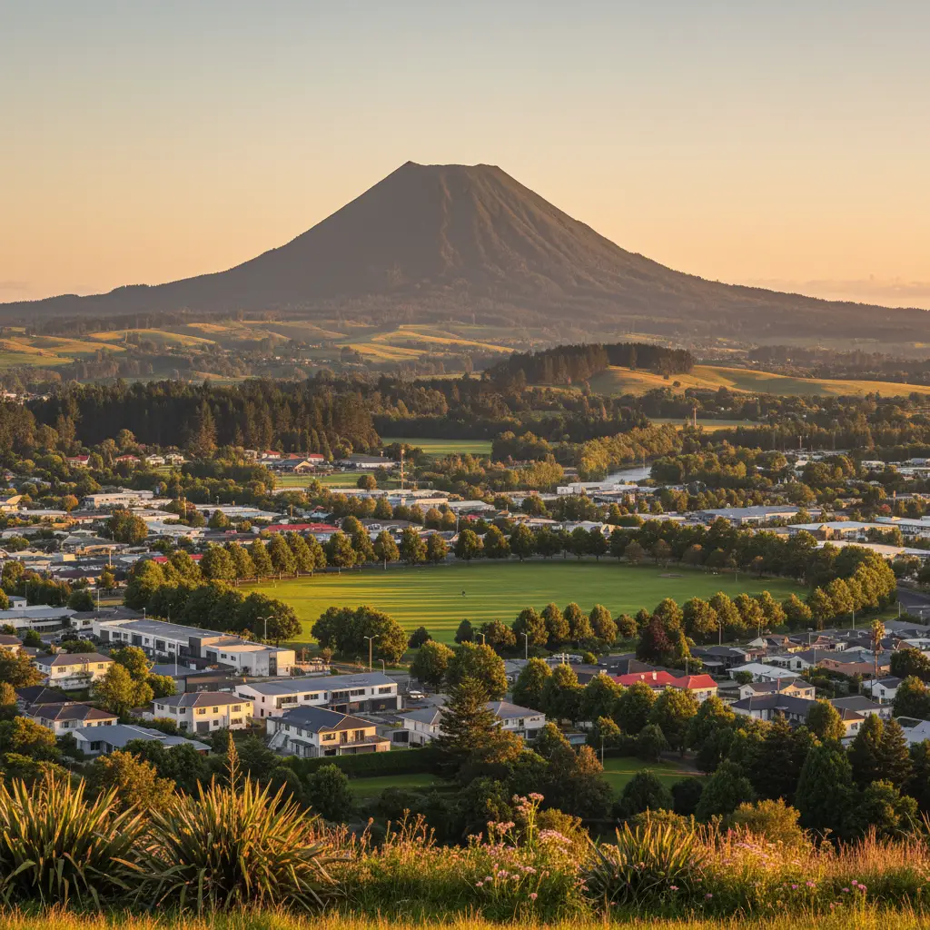 Scenic view of Kawerau residential area with Mount Putauaki