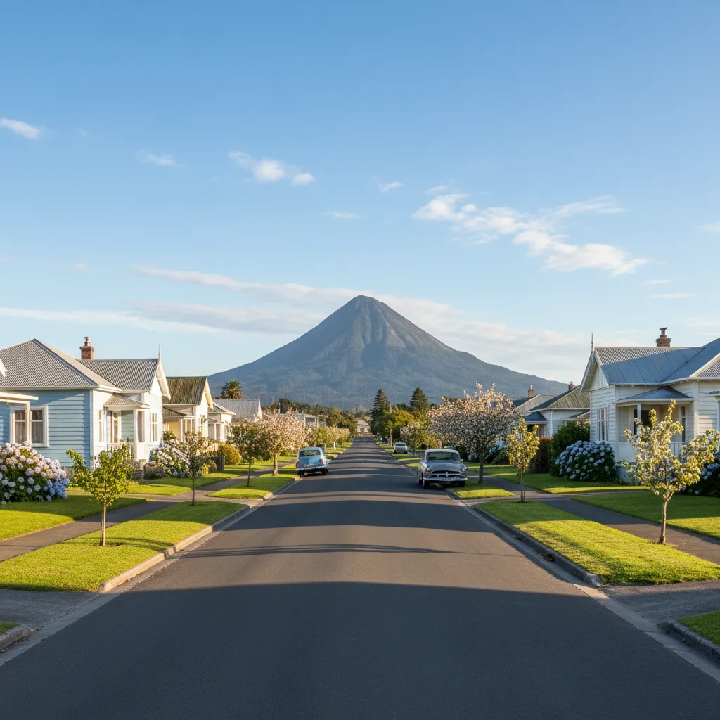 Scenic street view of Kawerau housing with Mount Putauaki