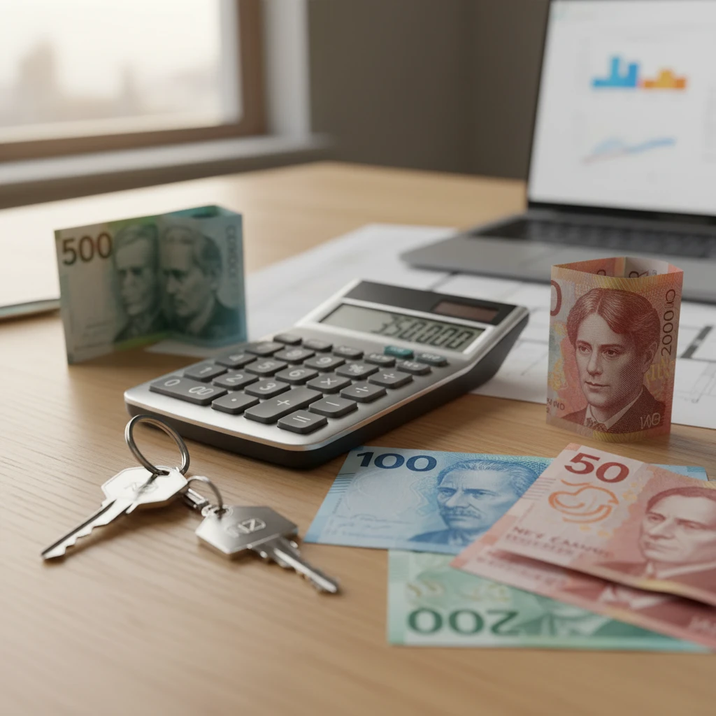 Calculator and keys representing financial comparison of renting vs buying