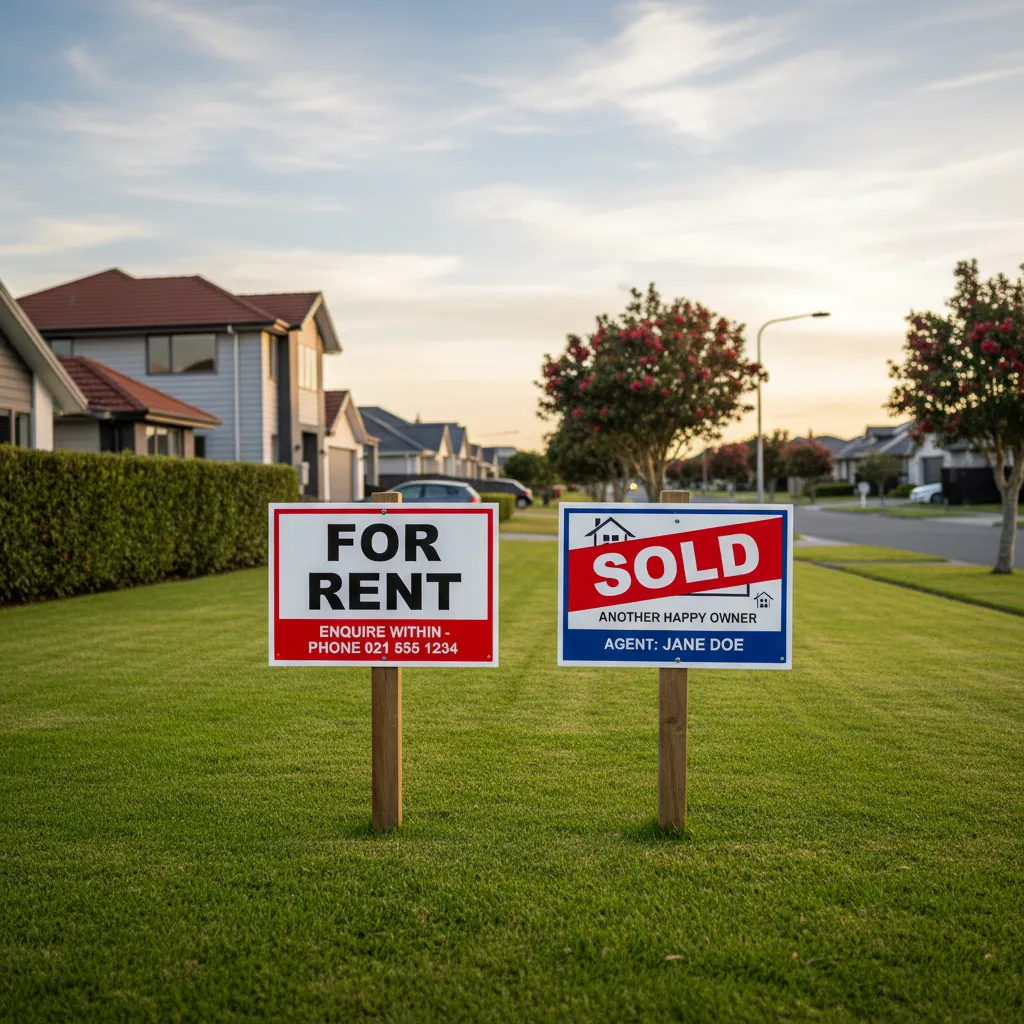Real estate signs indicating rental and sales options