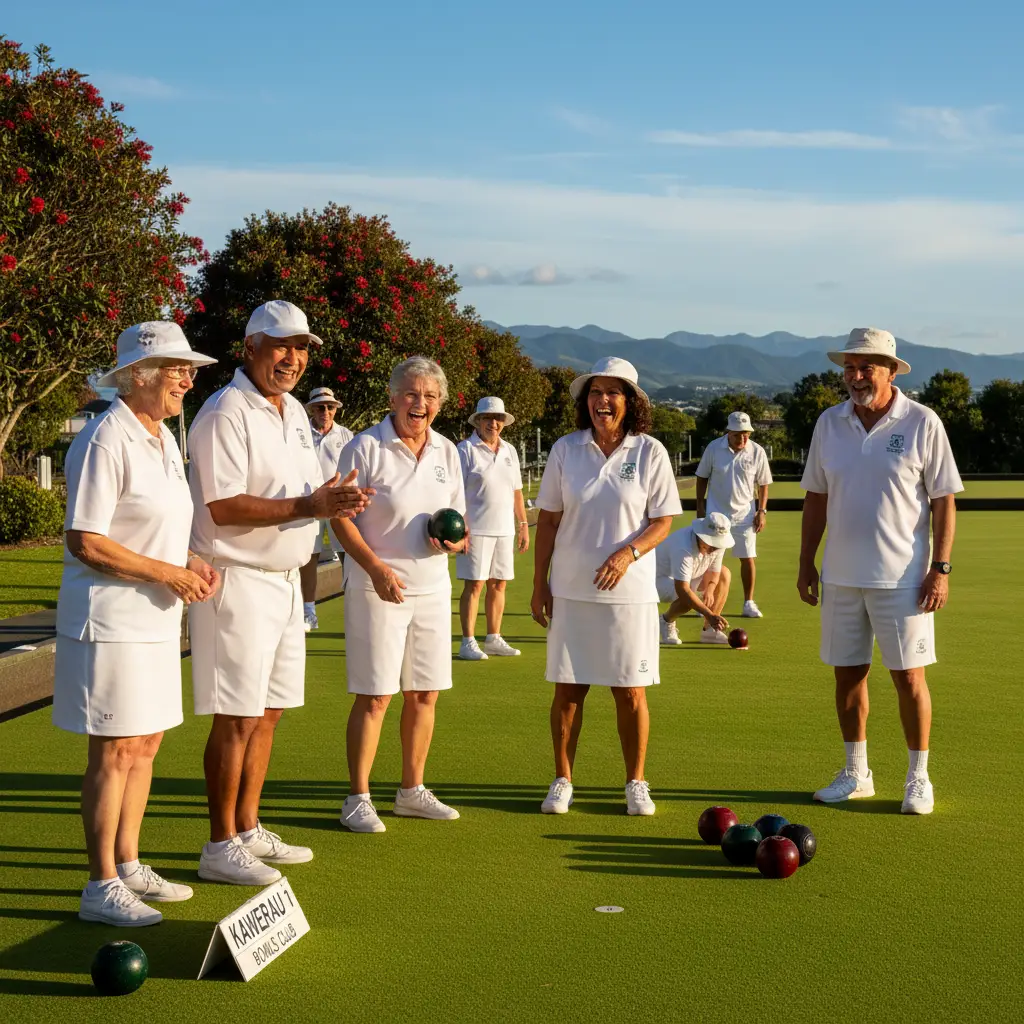 Seniors playing lawn bowls and socializing in Kawerau