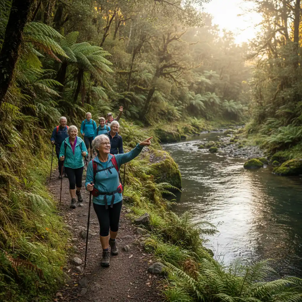 Retirees walking along the Tarawera River trail