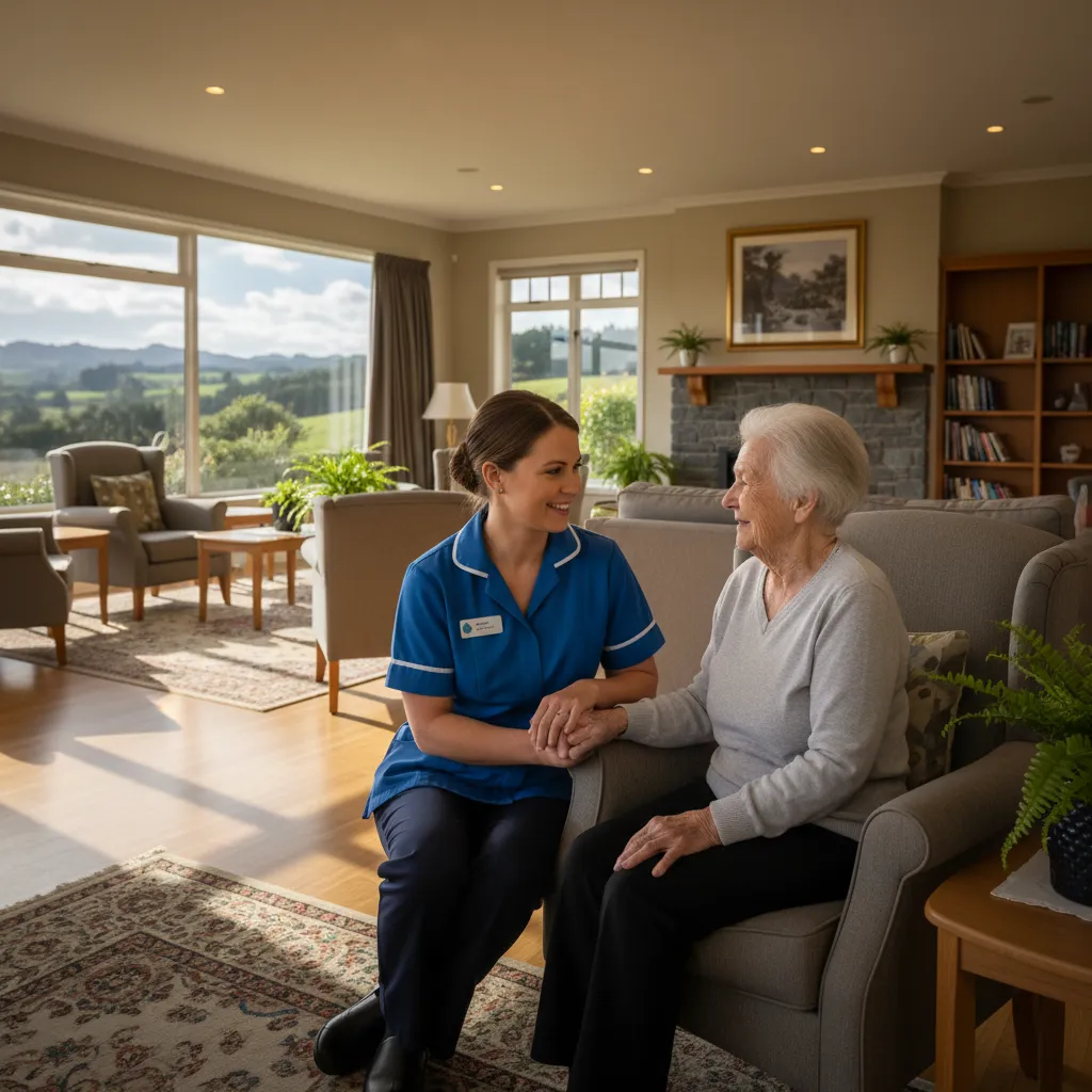Compassionate care staff interacting with resident at Mountain View Rest Home