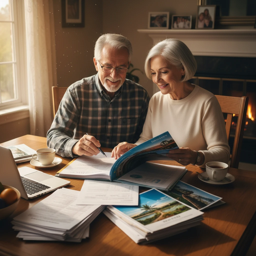 Couple reviewing retirement village contracts and brochures