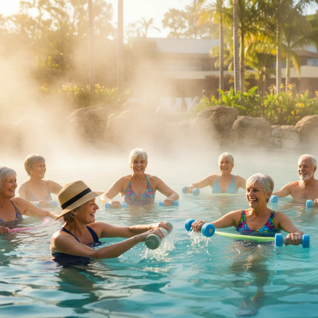 Seniors enjoying temperature benefits for arthritis in thermal pools
