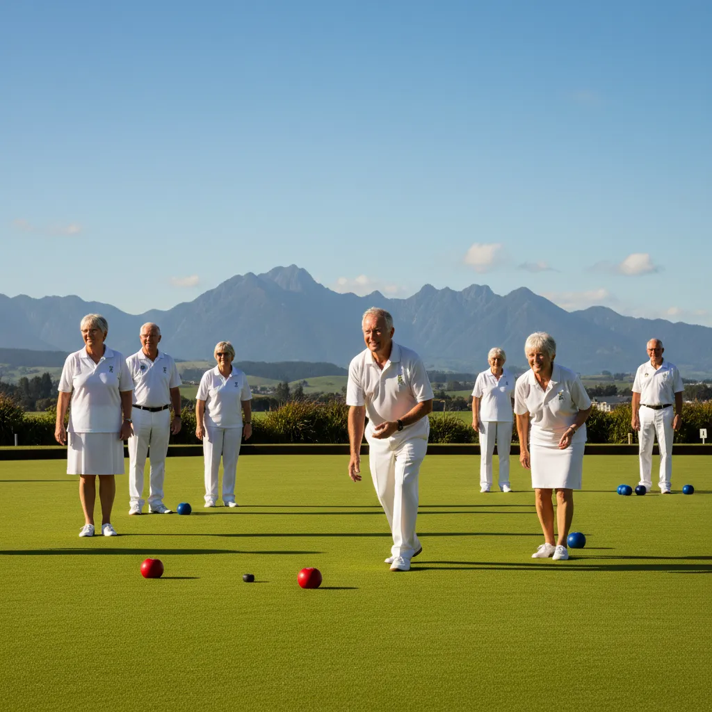 Seniors playing lawn bowls in Kawerau with Mount Putauaki in background