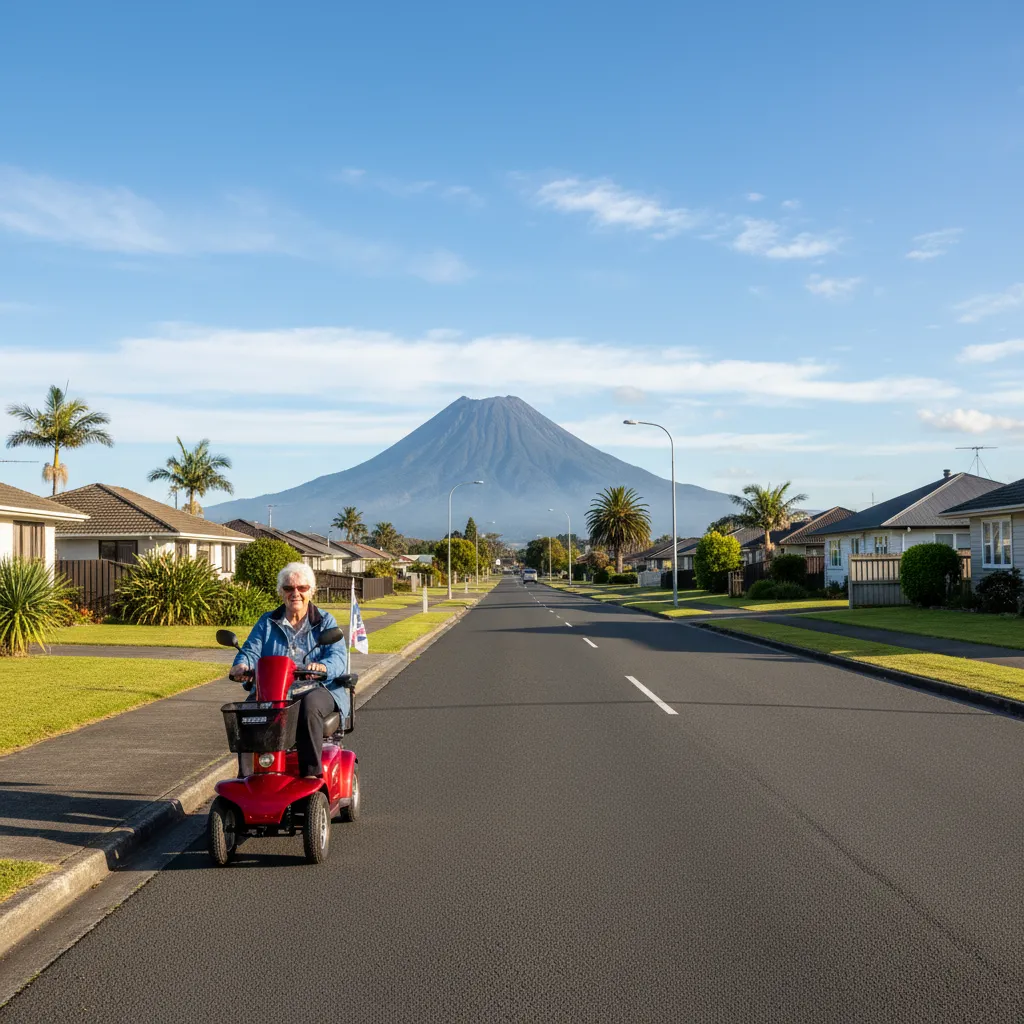 A mobility scooter user navigating the flat streets of Kawerau with Mt Putauaki in the background
