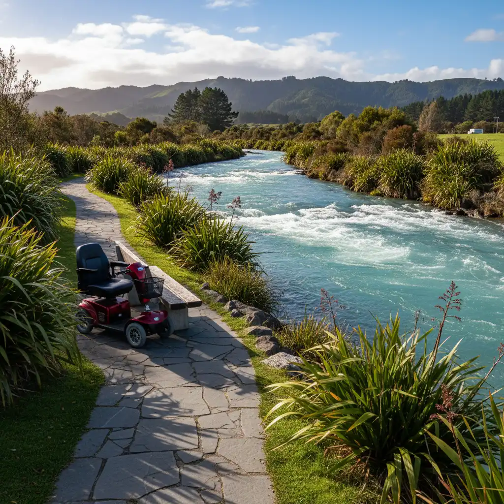 The paved mobility scooter friendly pathway along the Tarawera River
