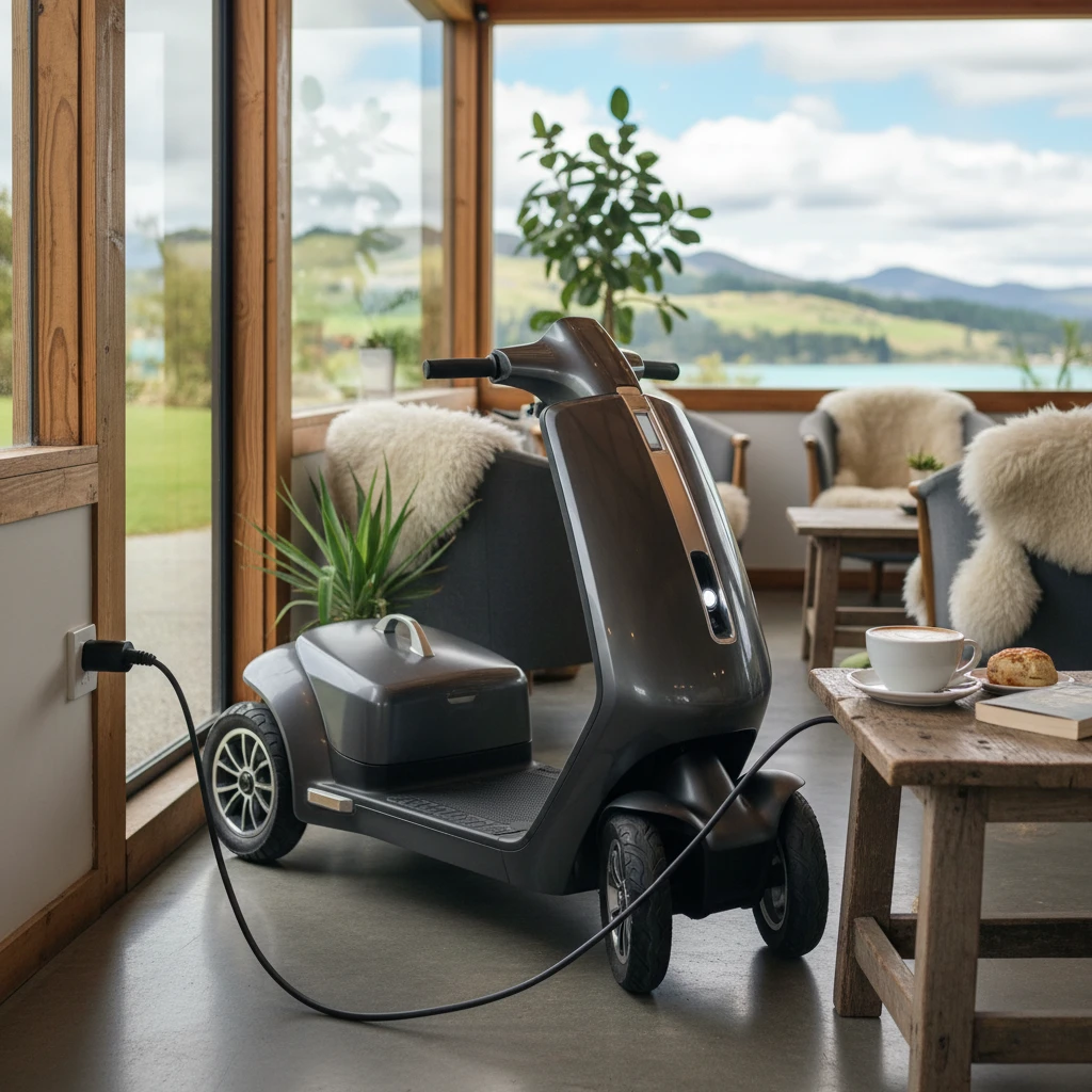Charging a mobility scooter at a local cafe while enjoying a break