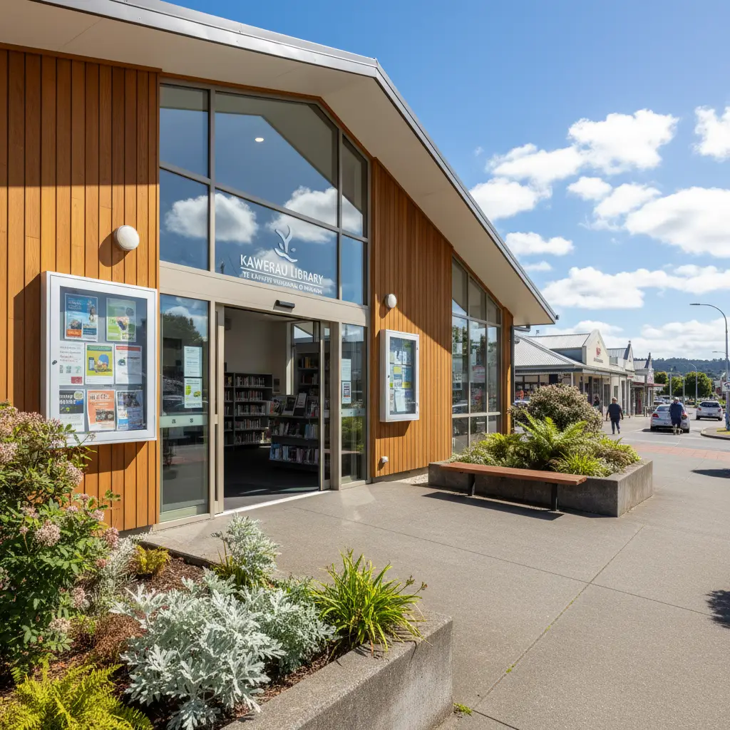 Exterior view of the Kawerau District Library entrance in Jellicoe Court