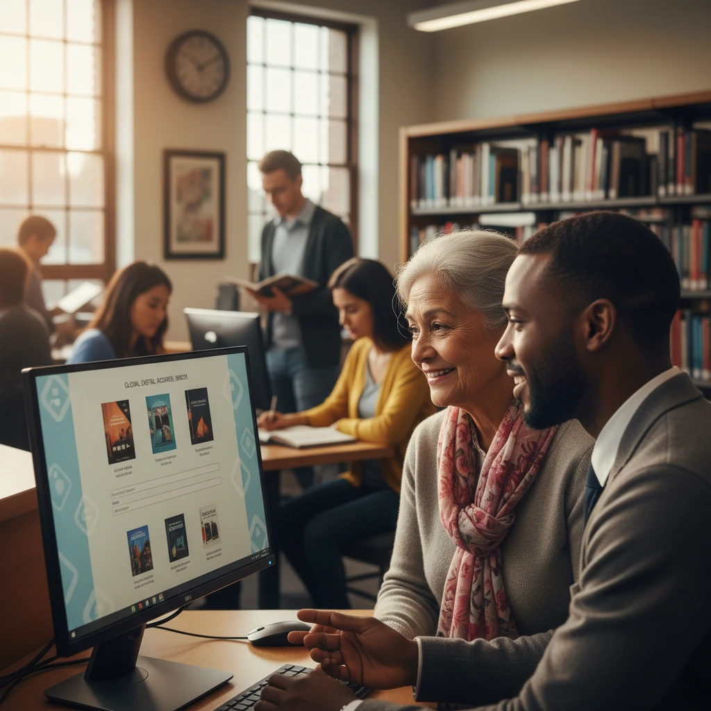 Librarian assisting a senior citizen with digital literacy on a computer