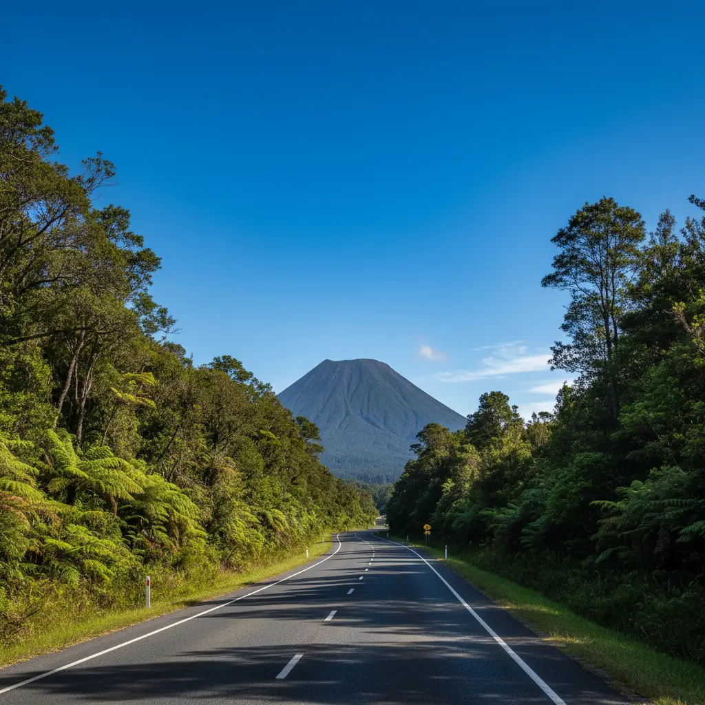Driving towards Putauaki Mt Edgecumbe in Kawerau