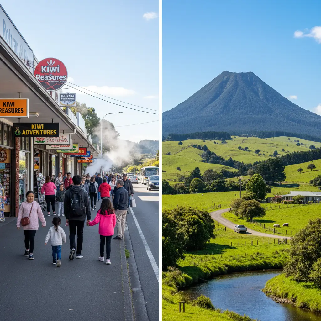 Comparison of Rotorua tourist center and Kawerau natural landscape