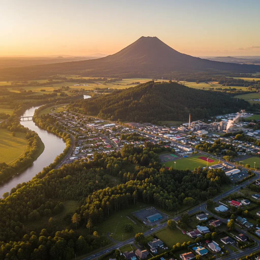 Aerial view of Kawerau township and Mt Putauaki