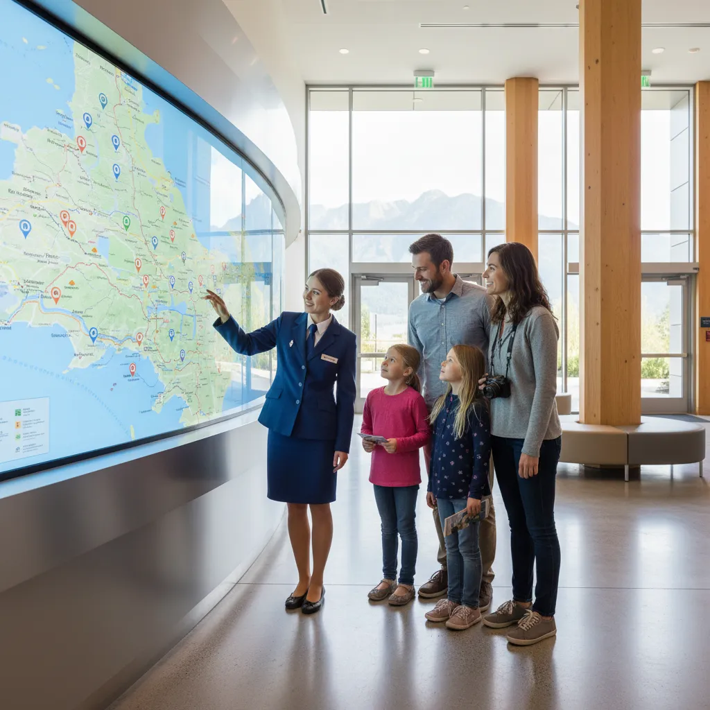 Staff at Kawerau i-SITE assisting visitors with maps and local guides