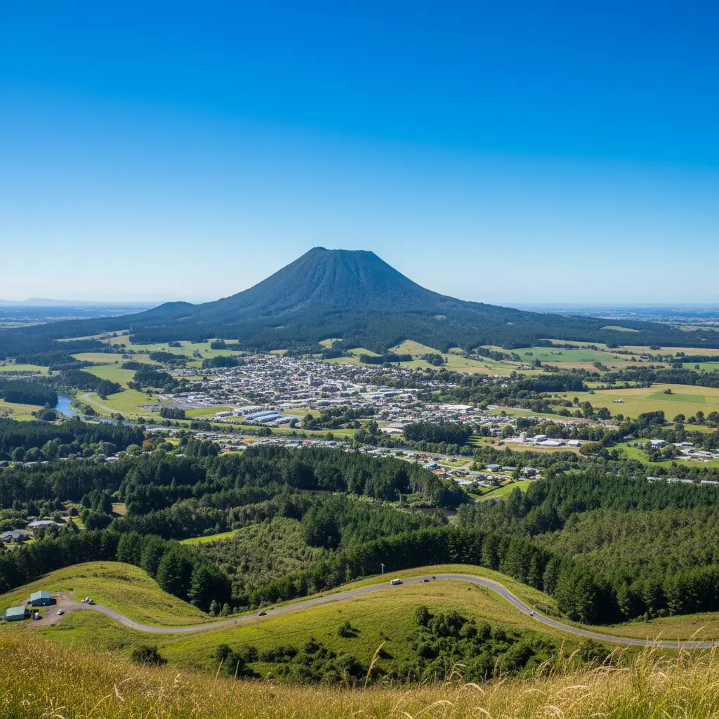 Scenic view of Kawerau and Mt Putauaki under clear weather