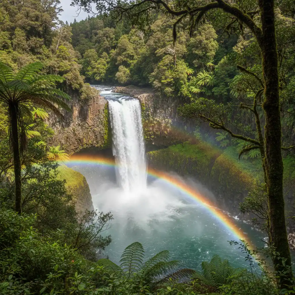 Tarawera Falls with mist and rainbow