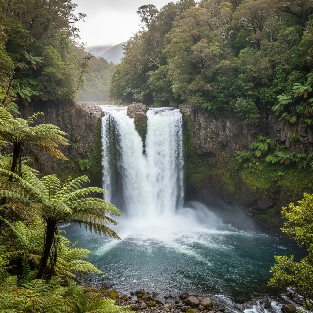 Tarawera Falls rushing out of the cliff face