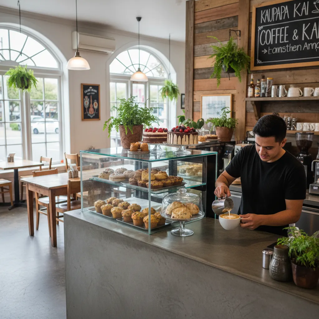 Barista pouring coffee at a top rated cafe in Kawerau