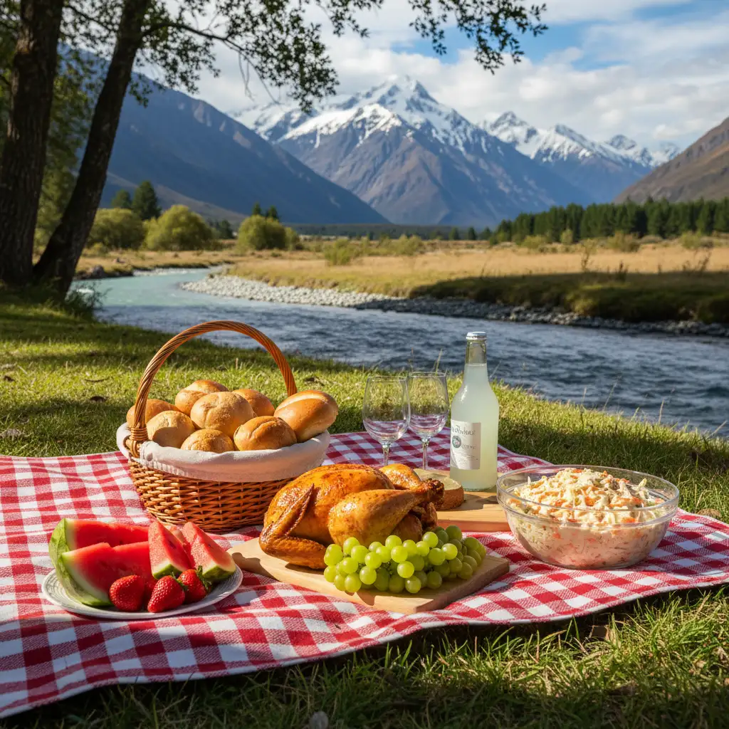 Picnic food from a supermarket deli near Tarawera River