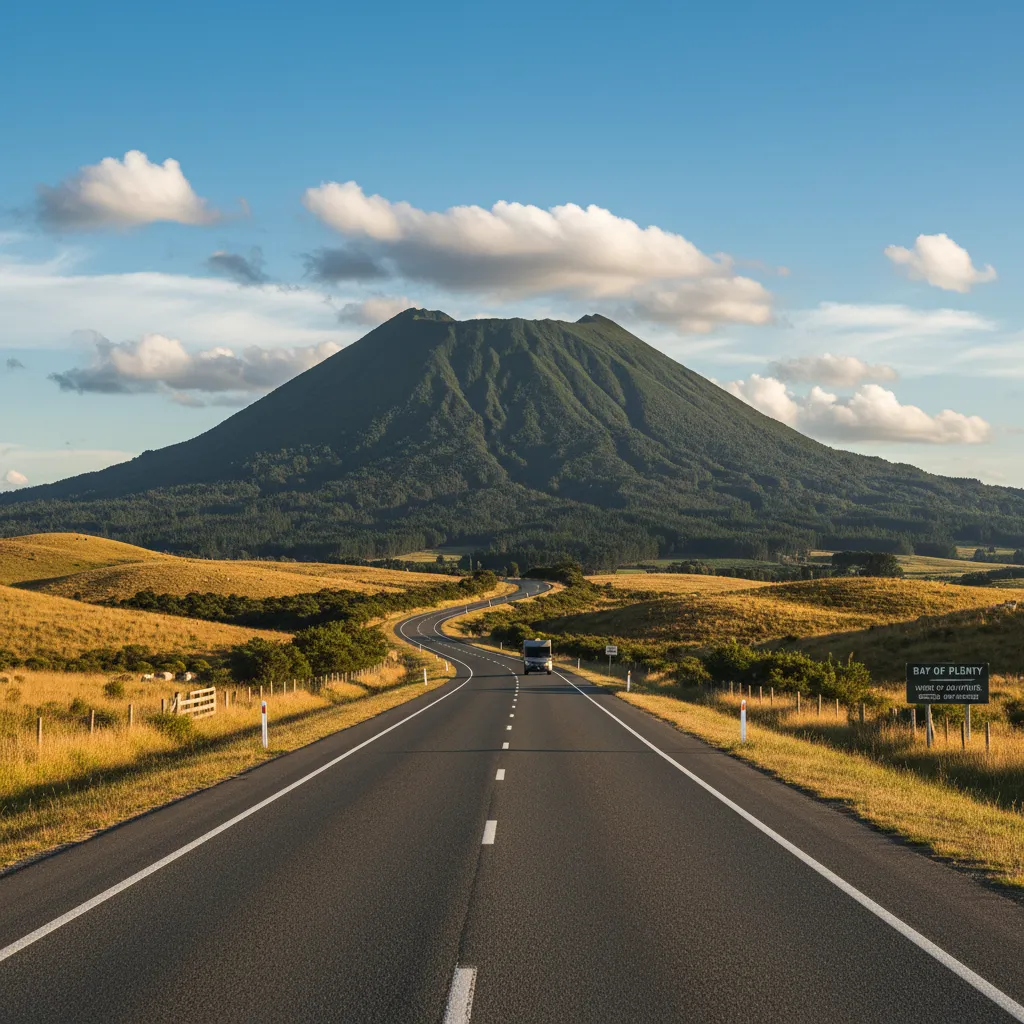 Scenic highway driving towards Mt Putauaki in Kawerau