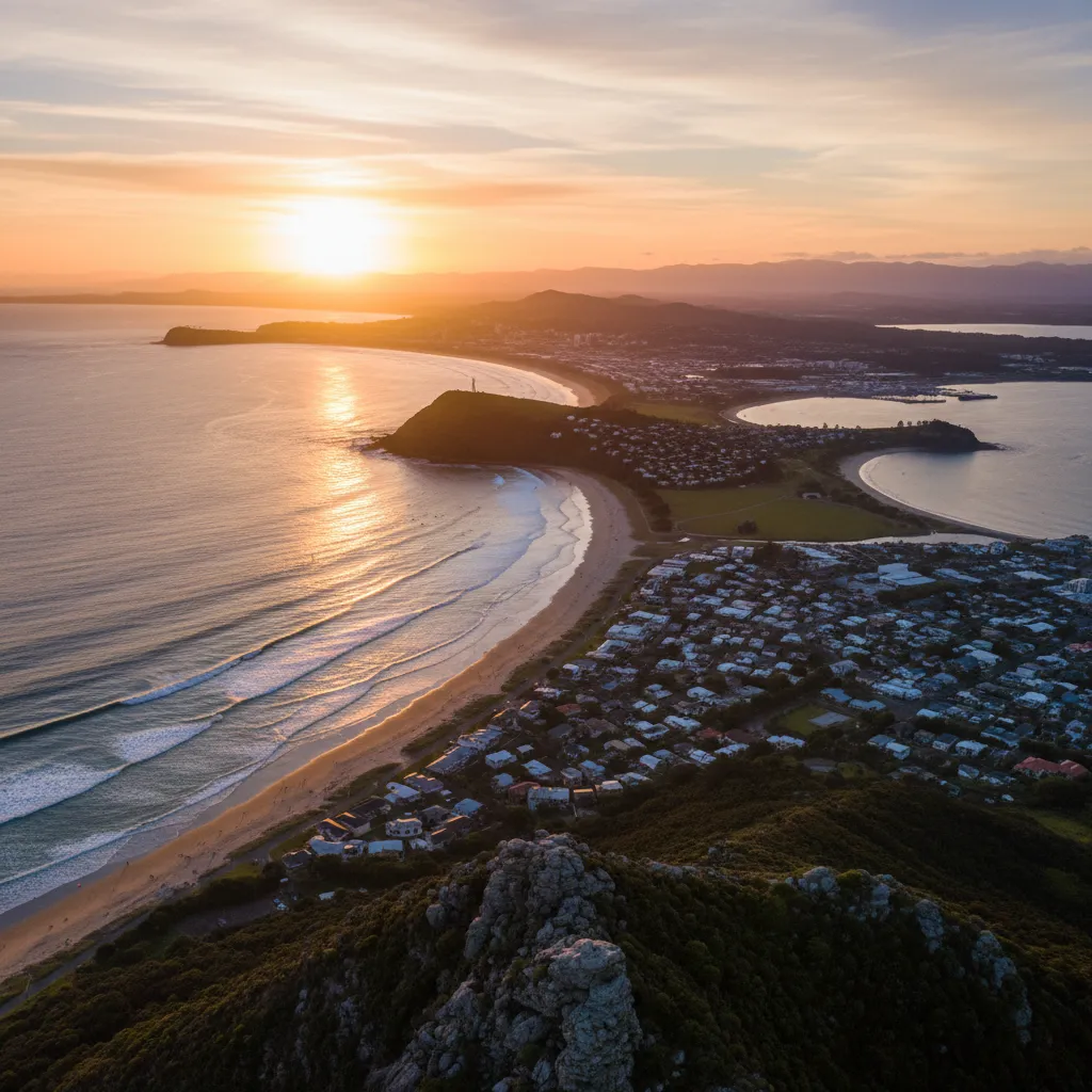 Sunrise view from Mount Maunganui summit overlooking the coastline