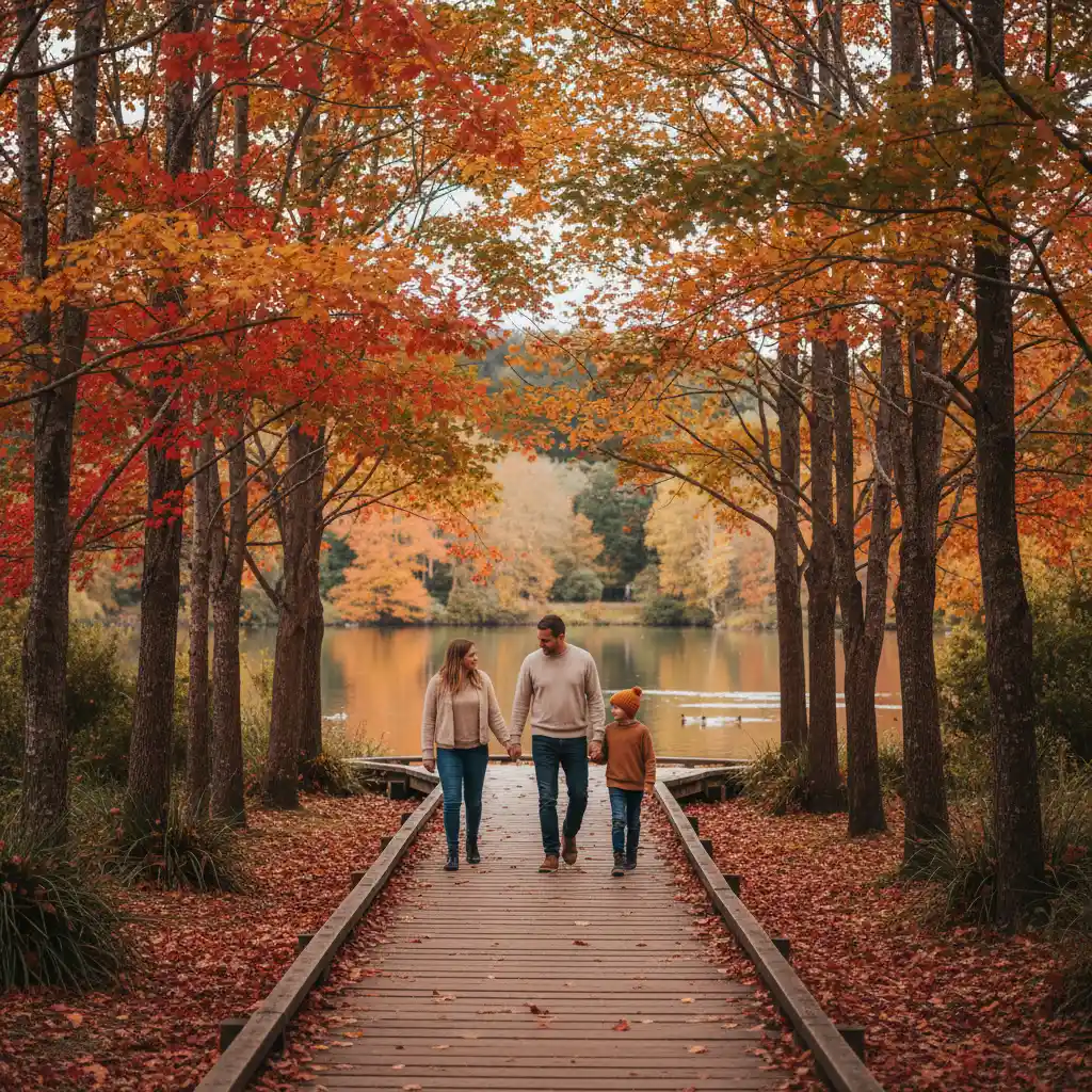 Family walking through McLaren Falls Park during autumn