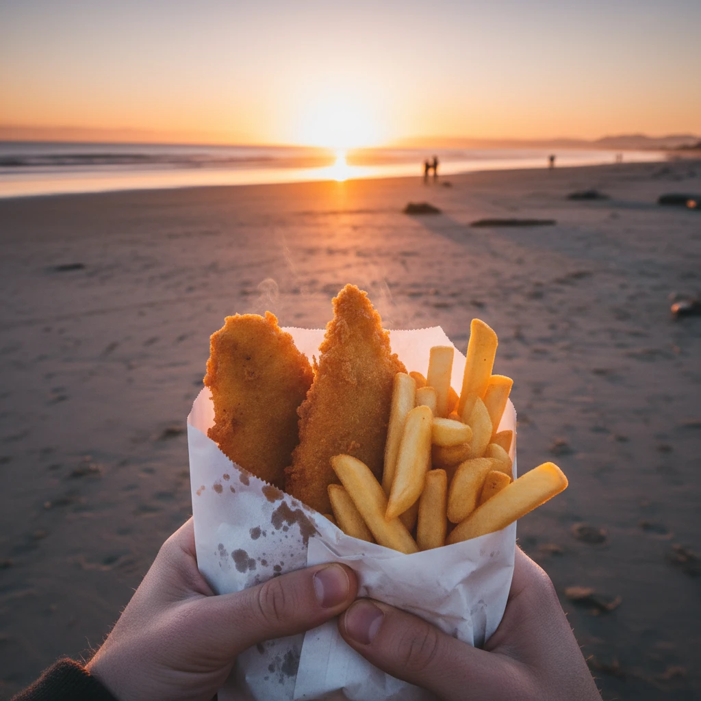 Classic Kiwi fish and chips on the beach at sunset