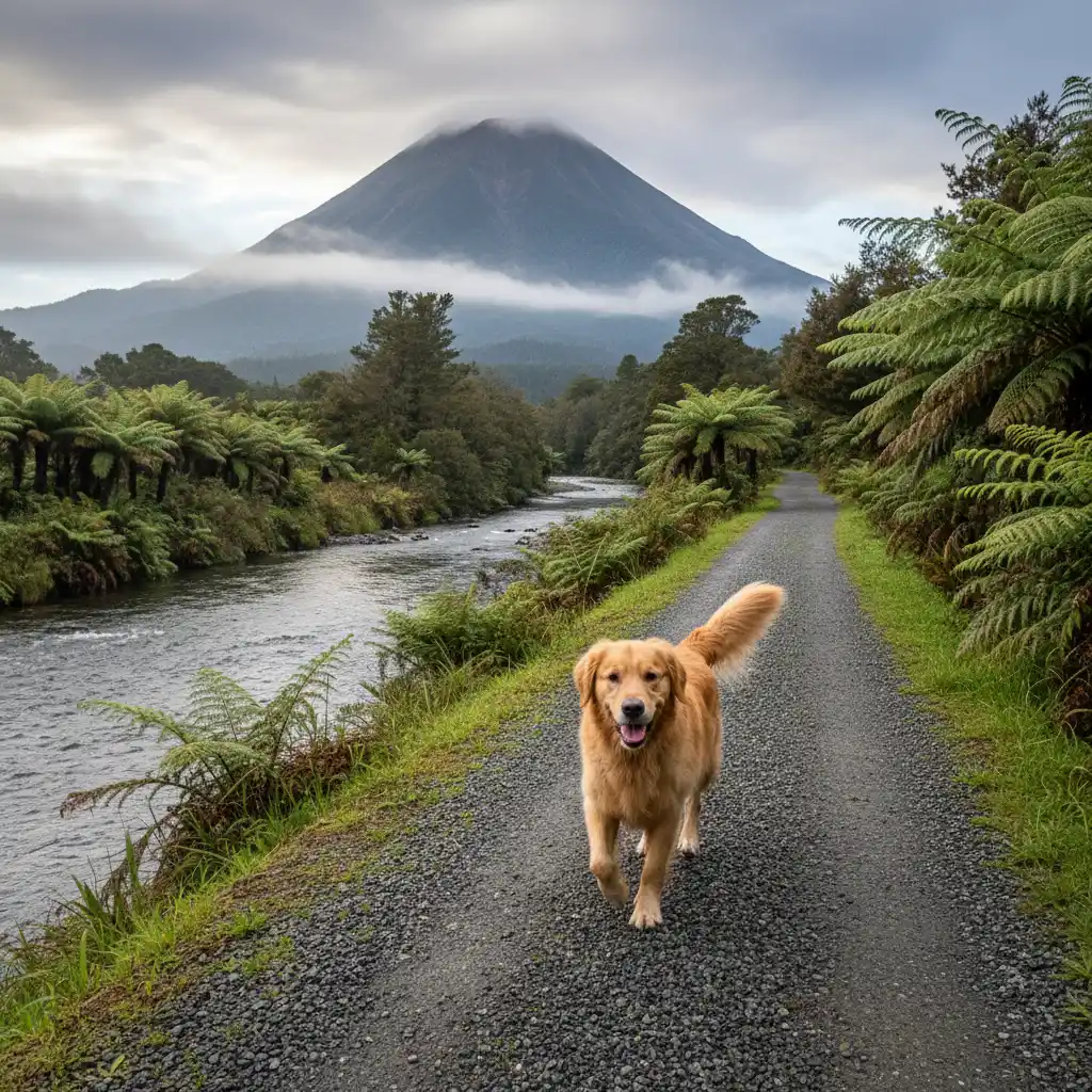 Dog walking along the Tarawera River in Kawerau