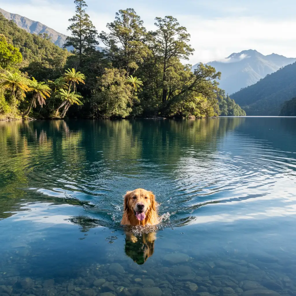 Dog swimming in Lake Rotoma near Kawerau