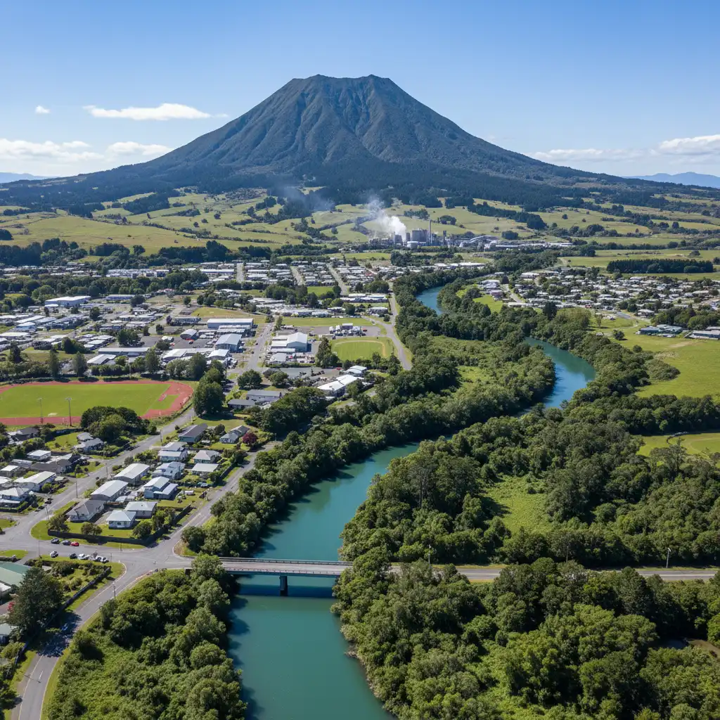 Aerial view of Kawerau NZ and Mount Putauaki