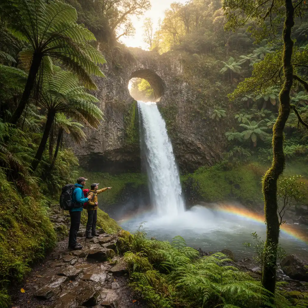Hikers approaching the base of Tarawera Falls