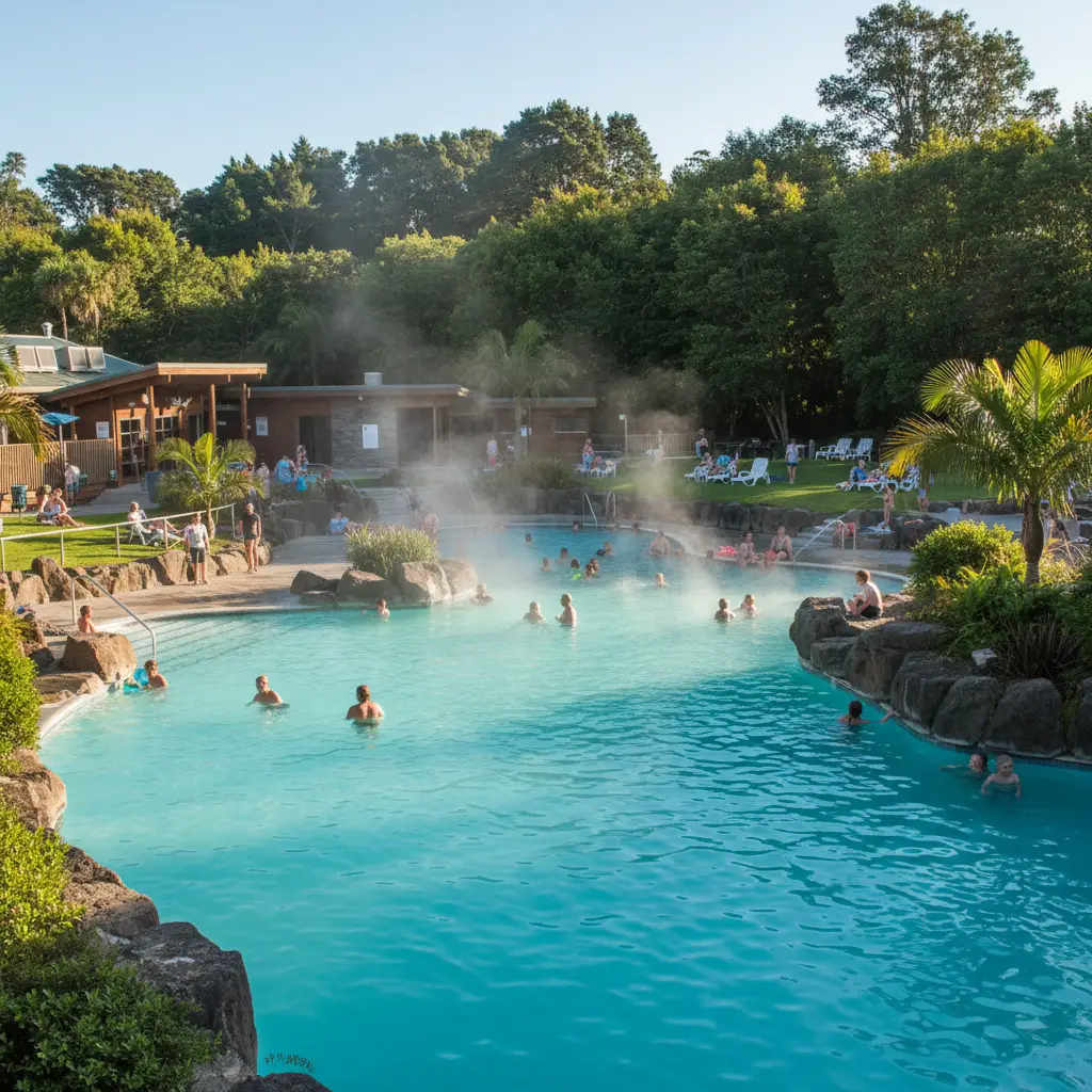 Panoramic view of the Kawerau free hot pools Maurie Kjar complex