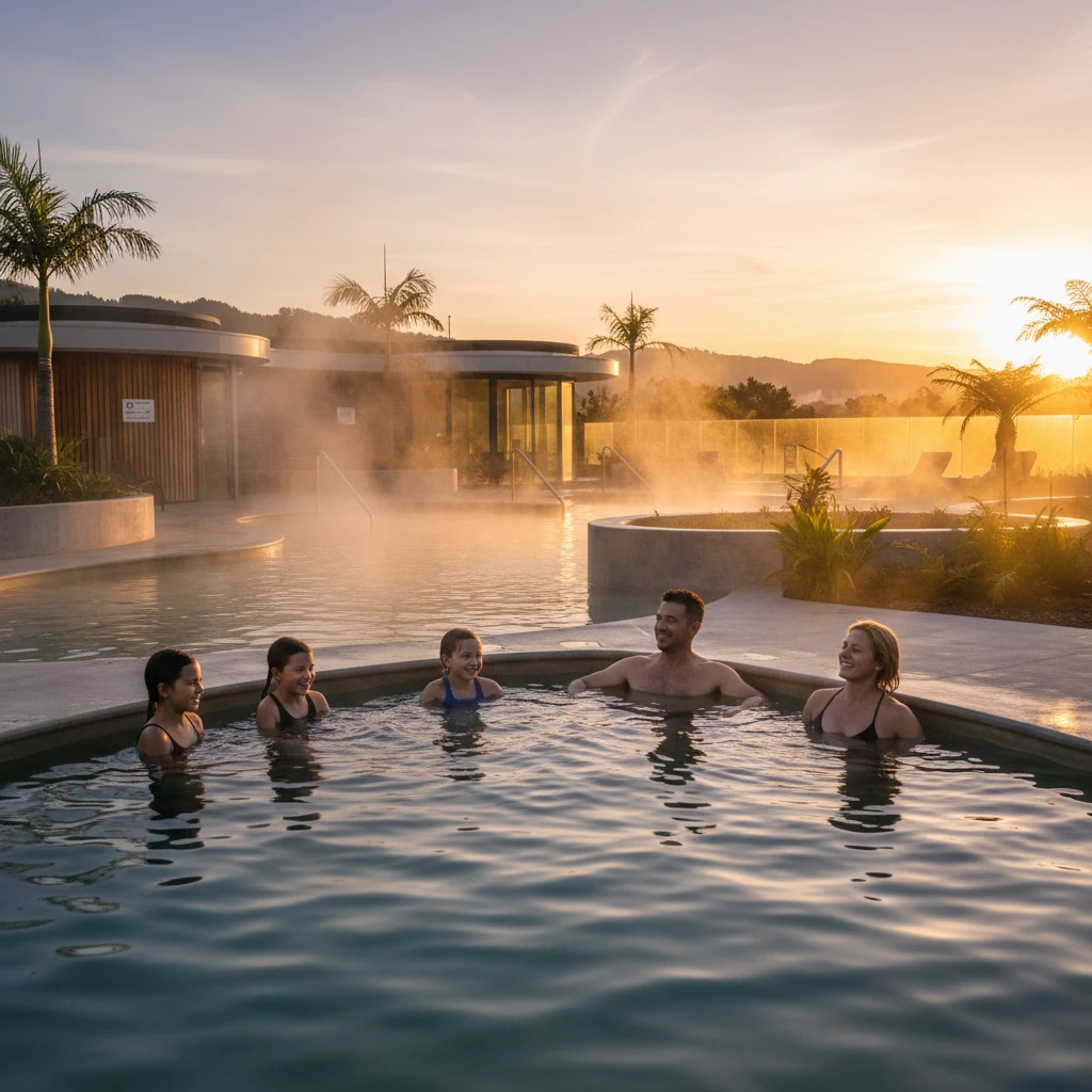Family enjoying thermal hot pools in Kawerau