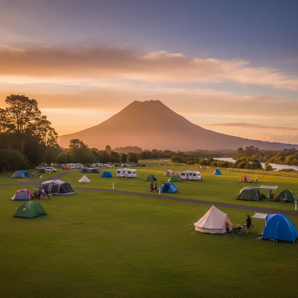 Scenic view of Kawerau Holiday Park with Mount Putauaki in the background